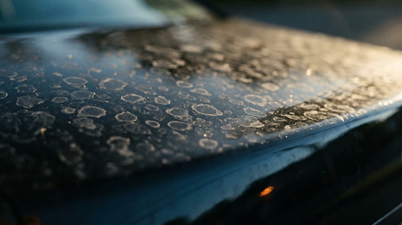 Dried hard water spots and salt rings covering dark car paint, dulling the gloss to a haze.