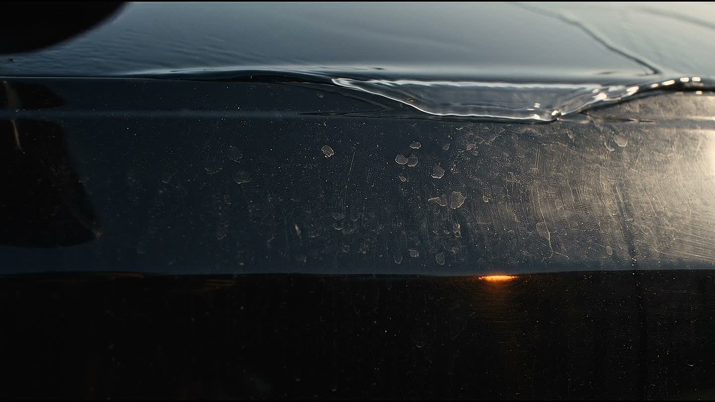 The same car panel before detailing, dull under dust and dried water spots.